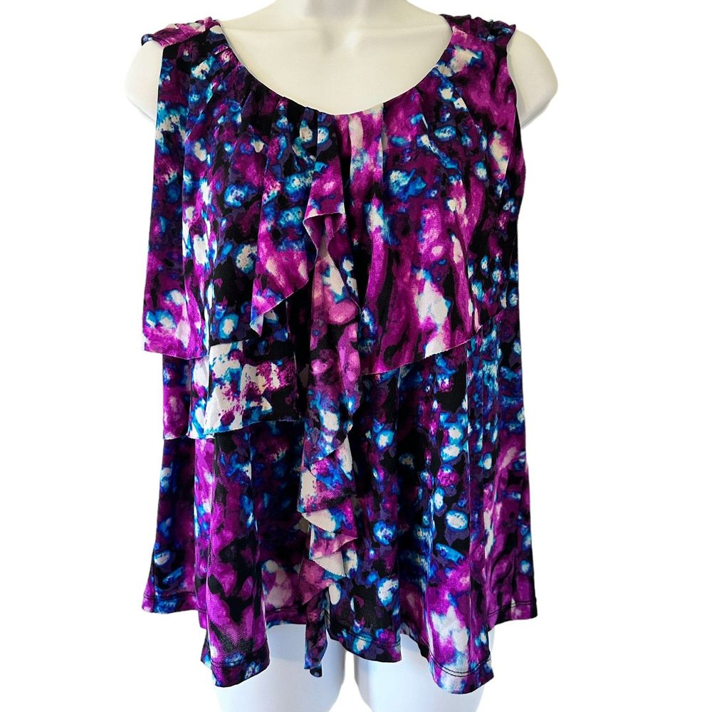 Worthington Purple Blue White Black Lined Sleeveless Ruffle Top Size L